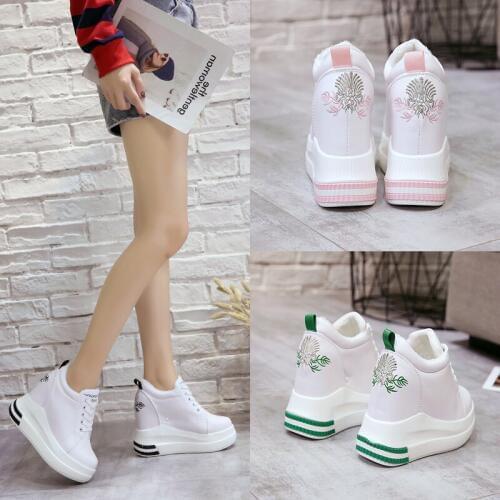 2020Autumn Woman Height Increasing High Heels Platform Shoes Women Breathable Sneakers High Top White Casual Shoes 11 CM Heels