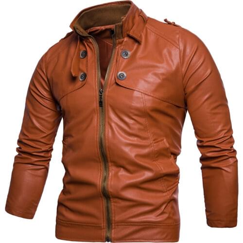 Round collar jacket male PU Slim locomotive jacket button spring and autumn artificial skin jacket male imitation leather Coats