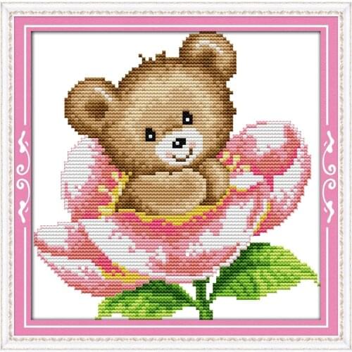 The little bear in flower cross stitch kit cartoon 18ct 14ct 11ct print canvas stitches embroidery DIY handmade needlework plus