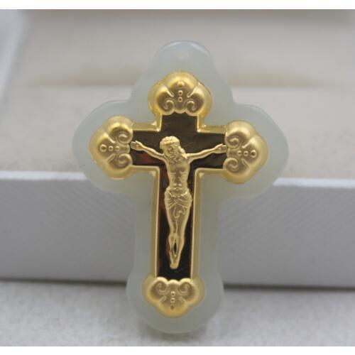 Fine 24K Yellow Gold &Hetian Jade Pendant Cross Fashion 37*27mm For Women Man 2019