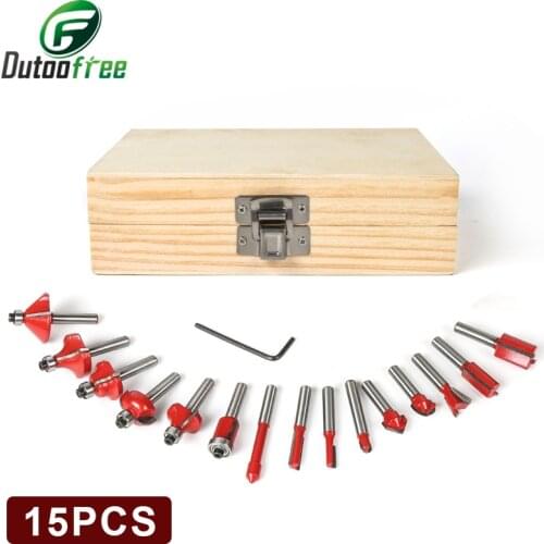 15PCS 1/4"(6.35mm) Shank Tungsten Carbide Router Bit Set Wood Woodworking Cutter Trimming Knife Forming Milling w/ Wood Case box