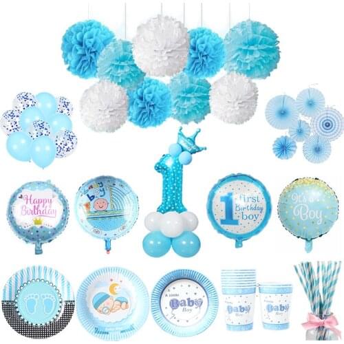 New Blue Baby Boy Birthday Party Decoration Kids Plate Cup Straw Napkin Baby Shower Supplies Party Favor Disposable Tableware