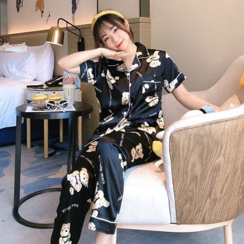 New Sale Women Lovely satin homeear 2020 Summer Short Sleeved Women Pajamas Set Long Pant Pyjamas Sets silk Leisure Sleepwear