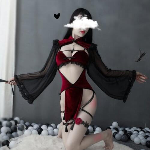 Retro Red Velvet Dark Magic Battle Suit Punk Gothic Style Maid Temptation Evil Demon Open Crotch Cosplay Backless Sexy Lingerie