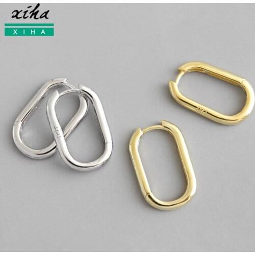 XIHA 925 Sterling Silver Earrings for Women Oval Round Geometrical Huggie Hoop Earring Korean Style Piercing Minimalist Jewelry