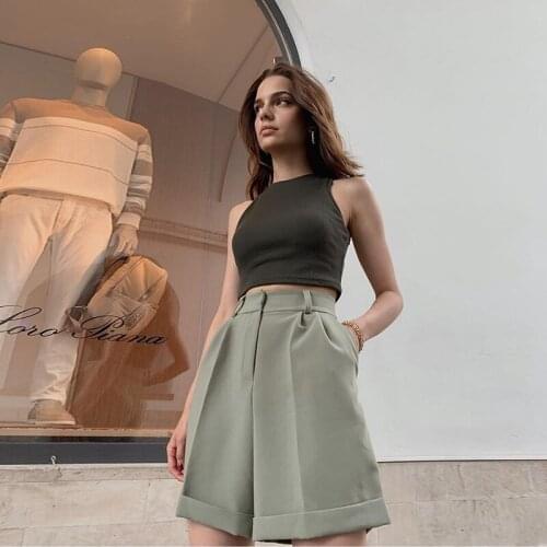 MUICHES Casual Wide Leg Suit Shorts Woman High Wasit Real Pocket Crimping Zipper Shorts French Style 2021 New Summer Solid