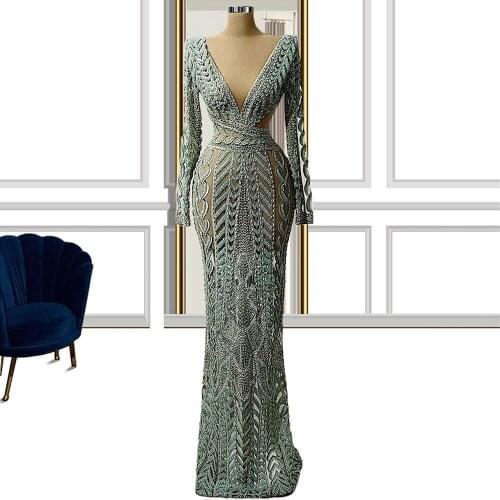 Sexy Deep V Neck Lace Evening Dress Mermaid Beaded Long Sleeve Robes for Party Vestido De Novia Gowns Arabic Dubai 2021