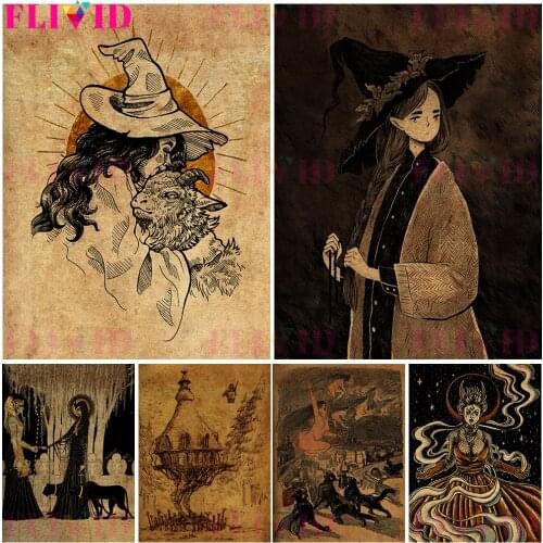 Witch On Broom Invades And Forest Green Witch Retro Poster And Print Demons And Witchcraft Wall Art Canvas Painting Decoration