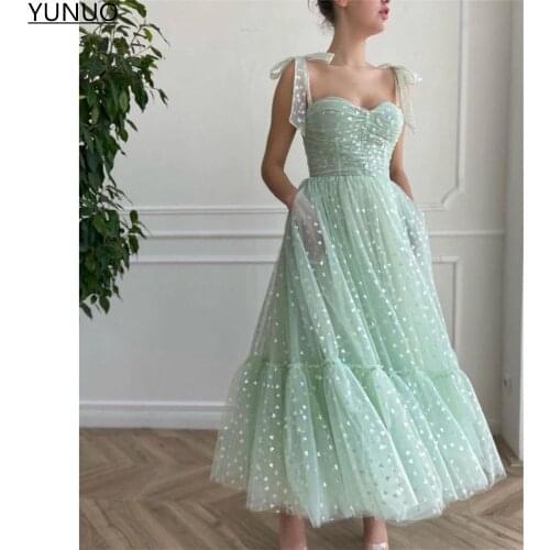 YUNUO Mint Green Tulle Prom Dresses Bow Straps Sweetheart Party Gowns with Hearts Pockets Tea Length robes de cocktail Evening