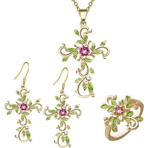 Women Rhinestone Flower Pendant Necklace Hook Earrings Ring Party Jewelry Gift