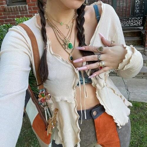 Autumn Spring Frill Tie Up Sexy T-shirt Y2K Aesthetic Women Autumn Long Sleeve Slim Fit Crop Top Female Fairy Grunge Clothes