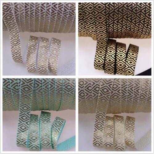 4 colors 5/8 inch gold foil diamond printed fold over elastic for hair tie 50 yards/lot FOE elastic for headband