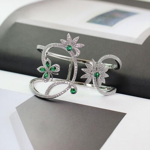 Luxury Mint Green Zircon Butterfly Flower Bangle 925 Sterling Silver Pave Cubic Zirconia Wide Bracelet Women Brand Jewelry