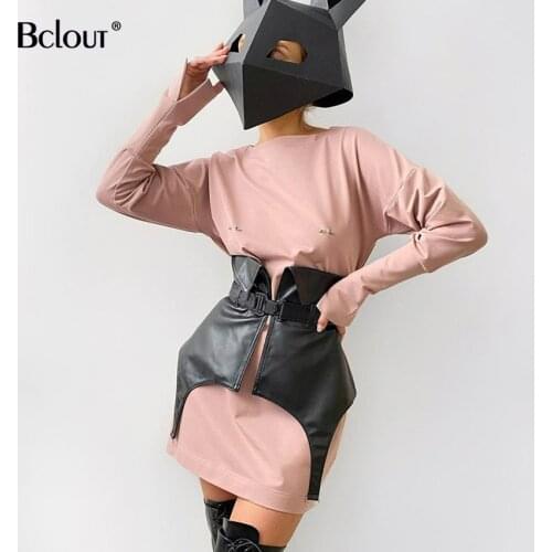 Bclout Casual Black Pu Patchwork Cummerbunds 2021 Streetwear Fashion Asymmetrical Clothes Solid Slim Chic Button Women Summer