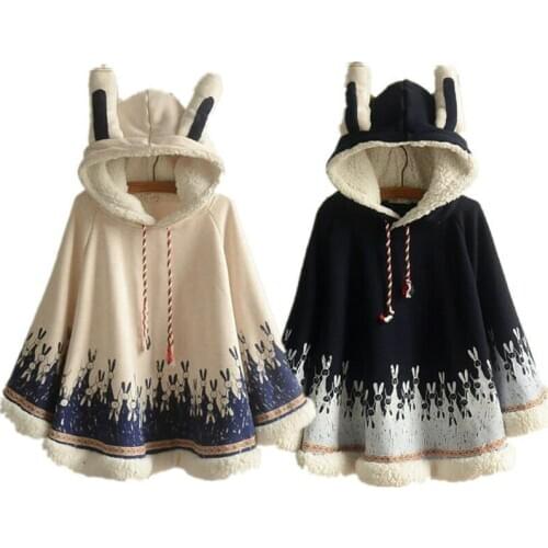 Womens Winter Cute Japanese Girl Bunny Ear Plush Cloak Coat Jacket Hoodie