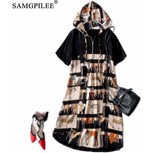 Elegant Dresses For Women 2021 Casual A-line Short Sleeve Knee-length Hooded Collar Animal Pattern Acetate Fabric Black Dress