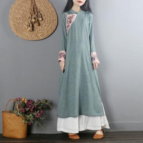 Retro Robe Vintage Femme Maxi Autumn Dress 2019 Loose Casual Mandarin Collar Dresses Embroidery Cotton Linen Ethnic Dress AA4648