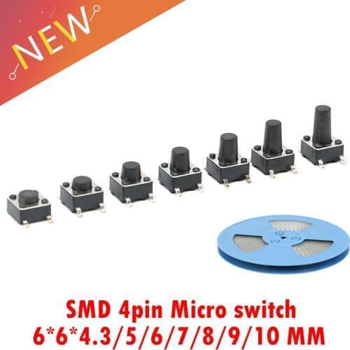 200P/lot PCB Tactile Tact Mini Push Button Switch SMD 4pin Micro switch 6*6*4.3/5/6/7/8/9/10MM ON/OFF keys button DIP 6x6x5mm