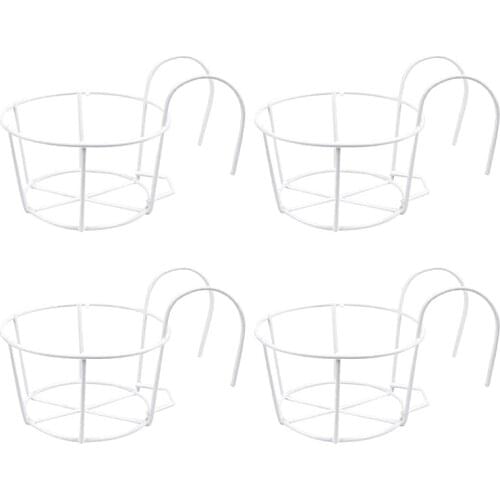 4 Pack Round Hanging Railing Planters, Flower Pot Holders, Metal Pot Plant Basket, for Indoor and Outdoor Use (White)