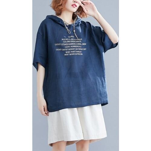 #7076 Letter Print Cotton Linen Blue White Batwing Sleeve Hoodies Sweatshirt Tops Pullovers Short Sleeves Summer Casual Loose