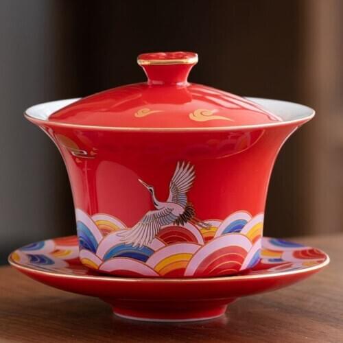 Three-handed tea bowl Ceramic Large Gaiwan teacup gold Enamel household tea maker single