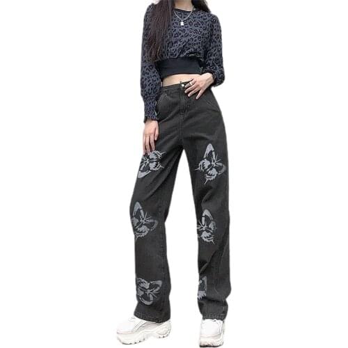 Women Summer Vintage Jeans Straight Long Denim Trousers Cool Cowboy Female Loose Streetwear Butterfly Print Pants Clothing