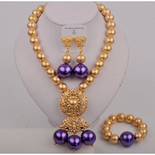 Purple Nigerian Wedding African Beads Jewelry Set Pearl Beaded Necklace Bridal Set Costume Jewelry Sets