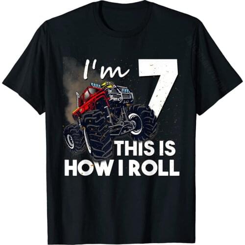 7th Birthday T Shirt Boy Monster Truck 7 Years Old Gift Cotton T Shirt For Men Normal T Shirt Party Fashionable