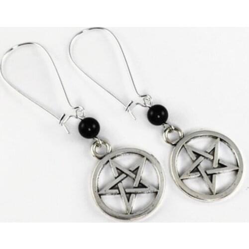 Gothic Silver colour Pentagram Earrings black glass crystal For Stretched Ears Gauged Ears Kidney Hook fashion Jewellery gift