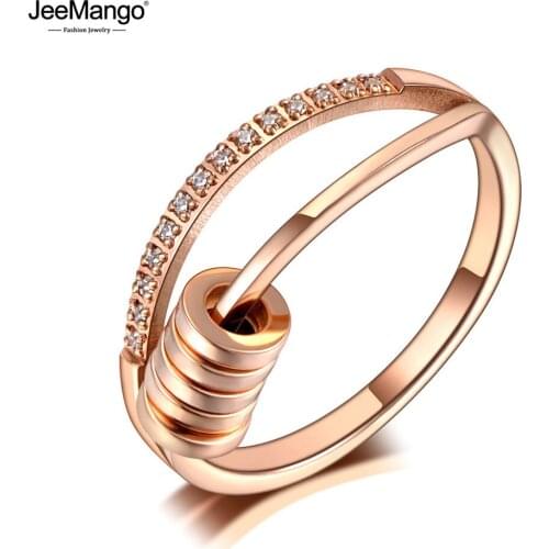 JeeMango Titanium Stainless Steel Mosaic Rhinestone Geometry Circle Rings Rose Gold CZ Crystal Wedding Ring For Women JR20039