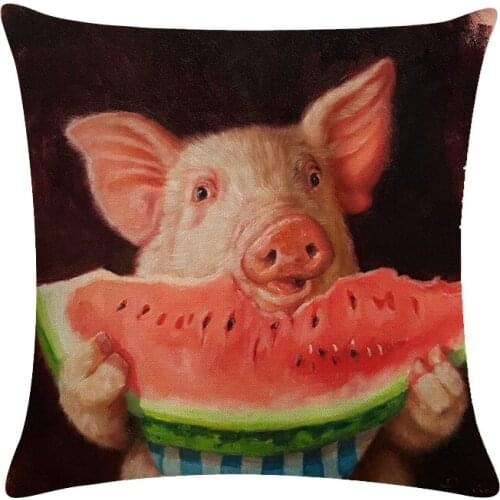 Oil Painting Animal Pink Pig Linen Decorative Cushion Cover Sofa Chair Alpaca Print Pillow Case Living Room Farmhouse Home Decor