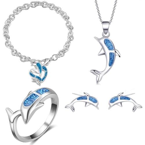 Dolphin Bracelet Opal Sets for Women Girl Pendant Necklaces Color Earrings & Ring Wedding Jewelry Gift Charm Summer Beach Style