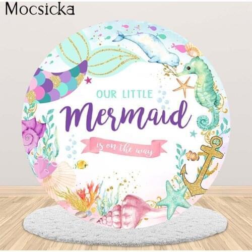 Mocsicka Mermaid Birthday Party Photography Background Seabed Shell Child Portrait PhotoStudio Baby Shower Backdrop Circle Cover
