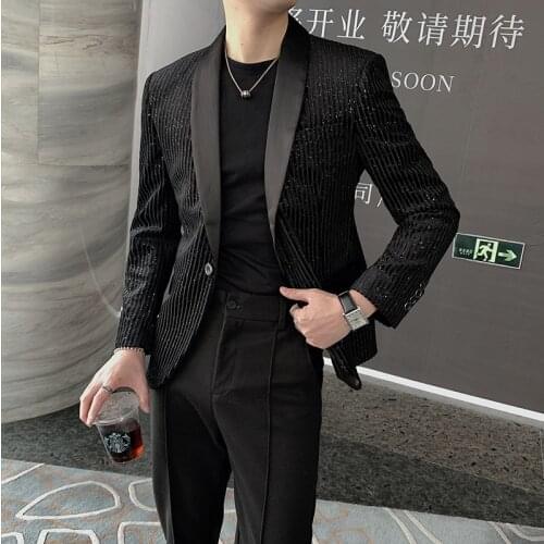 2021 Spring Men Blazers Striped Casual Suit Jacket Sequins Stage Singer DJ Dress Coat Slim Fit Streetwear Social Costume Homme