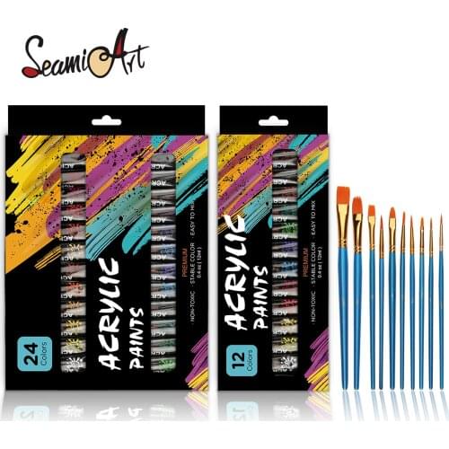 SeamiArt 12/24 Colors Acrylic Paint Set 12ml Tube with 10pcs Painting Brush for Wall Drawing Cloth Shoes DIY