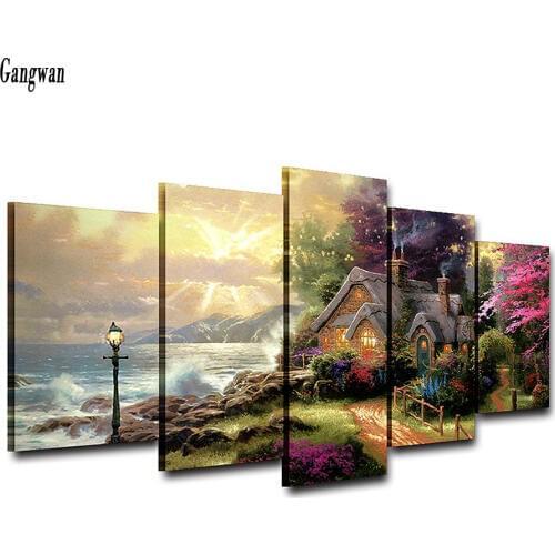 5 Panel diamond mosaic Seashore Cottage Classic picture diamond painting embroidery village landscape cross stitch kit sticker
