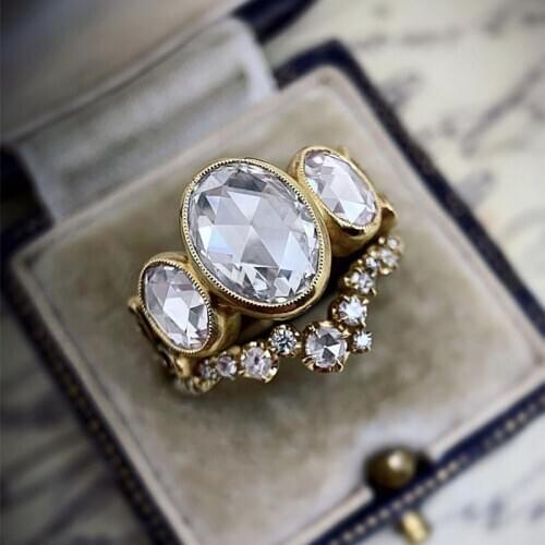 2020 New 2 Pcs/Set Vintage Gold Color Oval White Zircon Rings For Women Female Jewelry Wedding Engagement Party Valentine Gifts