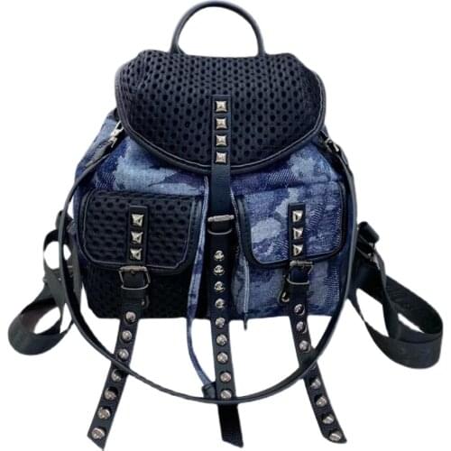 Brand New Backpack Women Denim Rivet Hollow Out Designer Bag Large Capacity Travel Bagpack 2021 Mochila Denim Sac A Dos