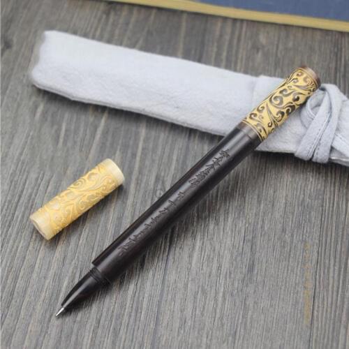 Monkey King Golden Cudgel Manual Blackwood Signature Pen Ox Horn Cap with Carving Natural Color Roller Pen as Luxury Gift