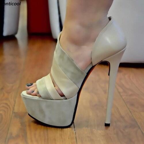 Ronticool Hot Handmade Women Platform Sandals Sexy Stiletto High Heels Open Toe Concise Elegant Beige Black Shoes US Size 5-20