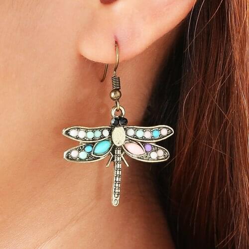 Boho Ethnic Tribal Jewelry Dragonfly Dangle Earrings for Women Bronze Metal Statement Hook Earrings Wedding Party Jewelry