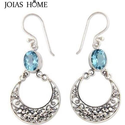 JoiasHome 925 Sterling Silver Earrings Ethnic Vintage Thai Silver with Ocean Blue Topaz Pierced Earrings Engagement Wedding Gift