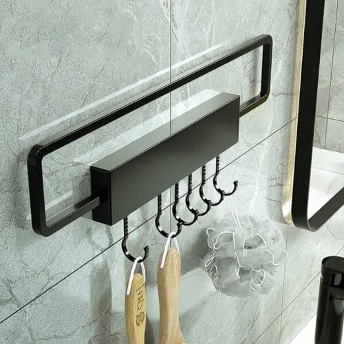Folding Towel Rack Kitchen Bathroom Towel Holder Punch-Free Towel Bar Wall Mounted Organizer Hook Hanger Aluminum Storage Shelf