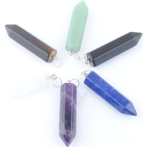Mixed 12Pcs Crystal Pillar Bullet Shape Pendants Jewelry Natural Stone Bead Lapis Lazuli Aventurine Tiger Eye Amethysts QBN429