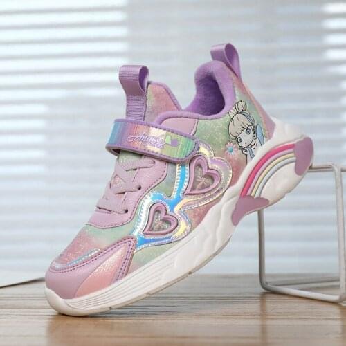 Sport Girls Sneakers Children Shoe Kids Sneakers Girls Shoe Cartoon Short Fur Lining Student Cotton Fabric Rainbow Shiny Fashion