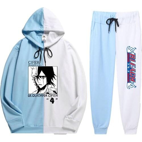 Japanese Summer Anime BLEACH Print Hoodies Sweatshirt Casual Soft Patchwork Thin Hoodie+Pants Man 2 Pieces Sets men sets