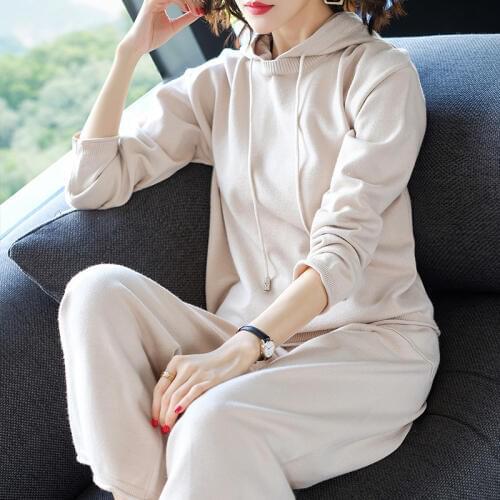Spring Autumn New Pattern Solid color loose Hooded Knitting Unlined Upper Sweater Wide leg pants long sleeve suit