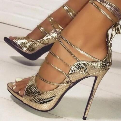 Snake Skin Lace Up Peep Toe Sandals Shiny Laser Dress Women Shoes Cover Heel Custom Made Dress Women Summer Thin Heeled Sandals