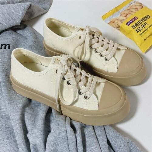 2021 Big Head Canvas Shoes Female Korean Version Milk Tea Color Low Help Thick Sole Students Small White Shoes Female Tide