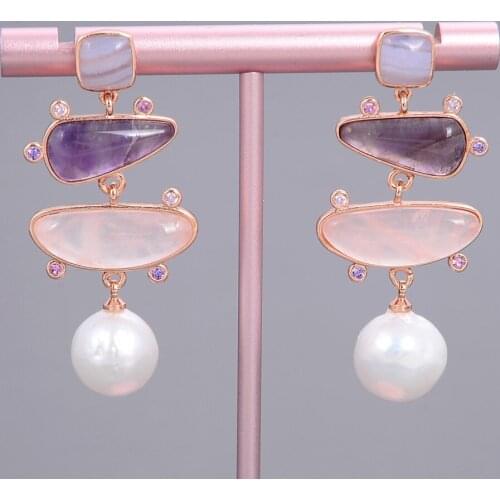 White Pearl Blue Chalcedony Rose Quartzs Amethysts Dangle Stud Earrings For Women